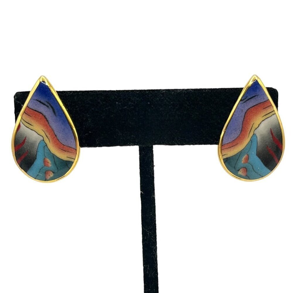 Vintage Women's Southwestern Artisan Colorful Teardrop Earrings Gold Tone Stud